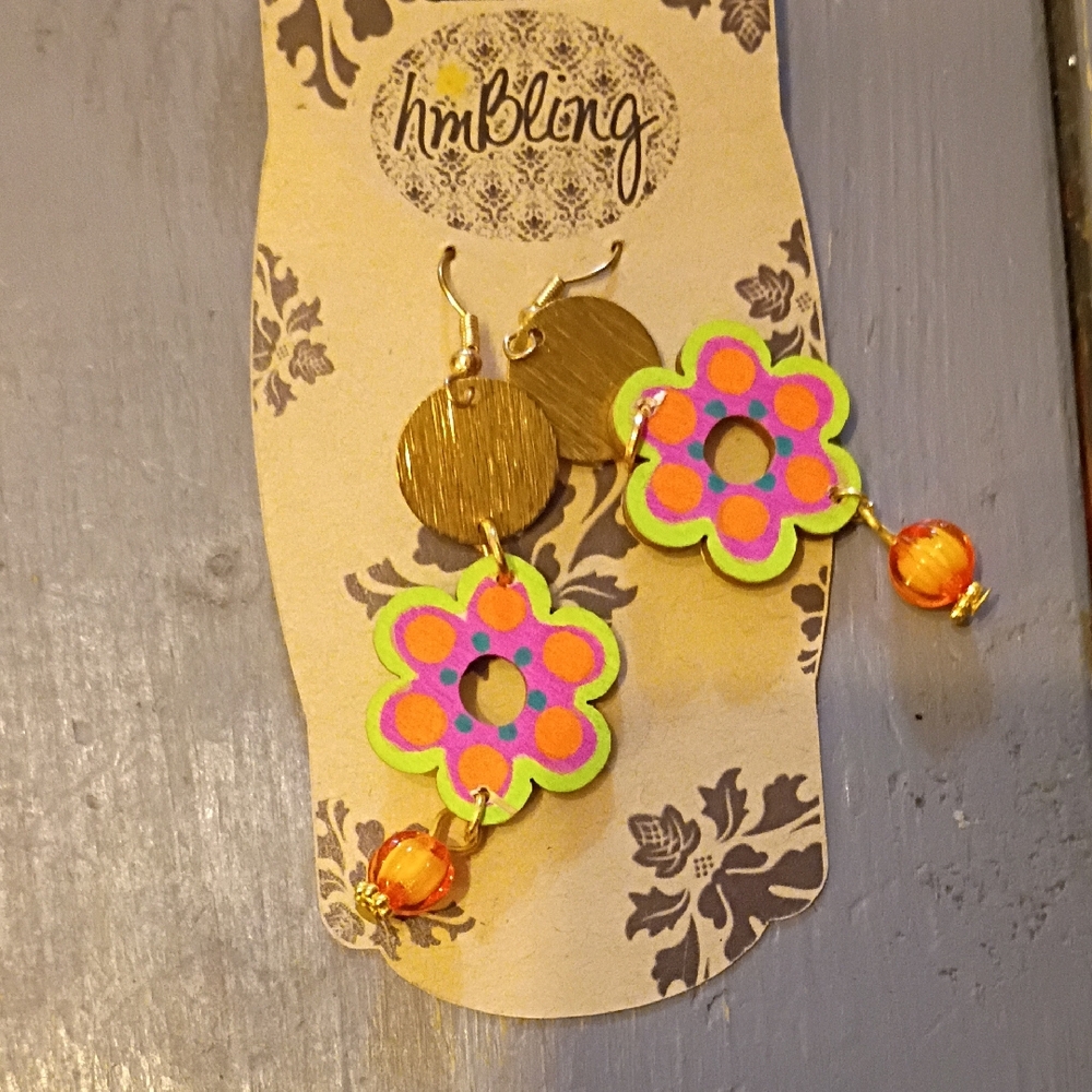 Colorful Flower Earrings with Orange Beads